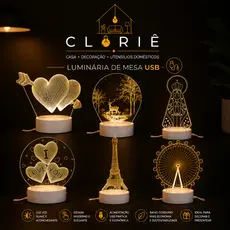 LUMINÁRIA DE MESA USB LED BRANCO QUENTE SANTINHA CORAÇÃO NATUREZA RODA GIGANTE TORRE EIFFEL