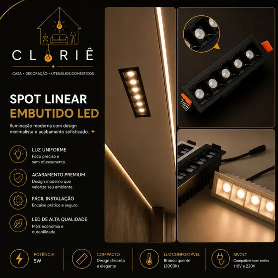 Spot 5W Preto Embutido Slim Spot Retangular Minimalista Led Downlight Linear Spot Linear Foco