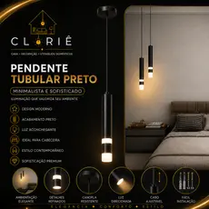Luminária de Teto Pendente LED Tubo Cilindro Preto Moderno Lustre Lavabo Cabeceira Cinderella Decor