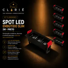 Kit Com 5 Spot 3W Preto Embutido Slim Spot Retangular Minimalista Led Downlight Linear Spot Linear Foco