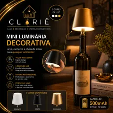 Abajur Portátil LED com Bico para Garrafa Luminária Recarregável USB, Toque Touch, Decorativa para Mesa e Bar