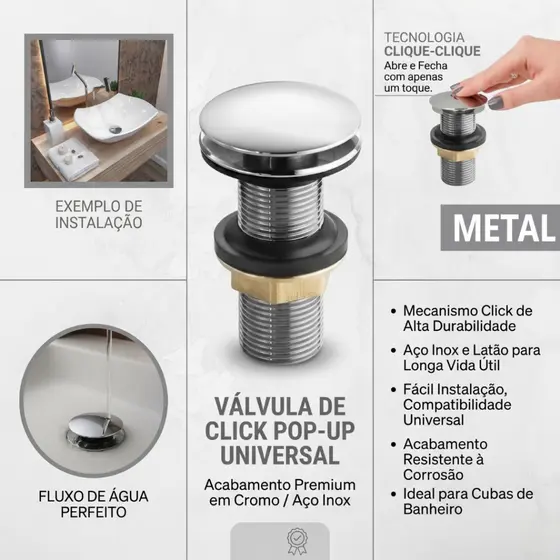 Válvula Ralo Click METAL UP Redonda 7/8 Para Cuba Lavatório Banheiro pia cromada