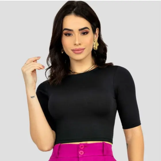 Cropped Feminino Suplex Manga Curta Básico Dia a Dia Gola O