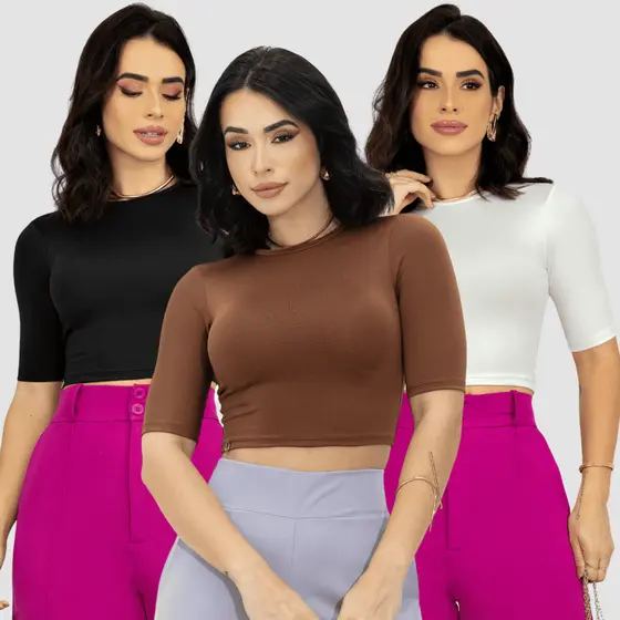 Kit 3 Cropped Feminino Casual Top Manga Curta Blogueira Elegante