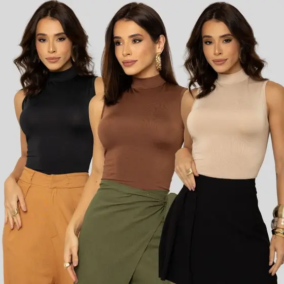 Kit 3 Blusas Regata Gola Alta Feminina Básica Estilosa Dia a Dia