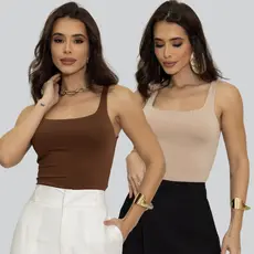 Kit 2 Regatas Feminina Casual Decote Lisa Suplex Alça Dupla