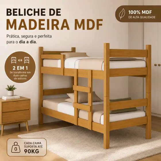 Beliche Alana Solteiro Compacta Reforçada Moderna De MDF Com Estrado Madeira E Vira Duas Camas