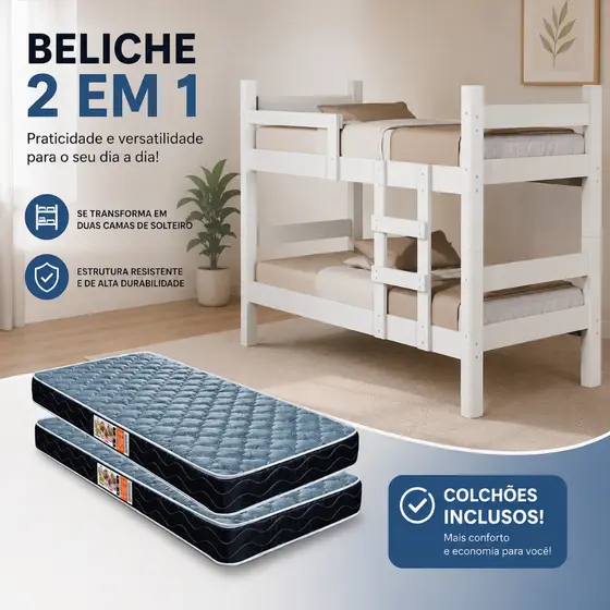 Beliche Solteiro Leticia Resistente De Mdf Para Quarto Com 2 Colchões 188x88 D20