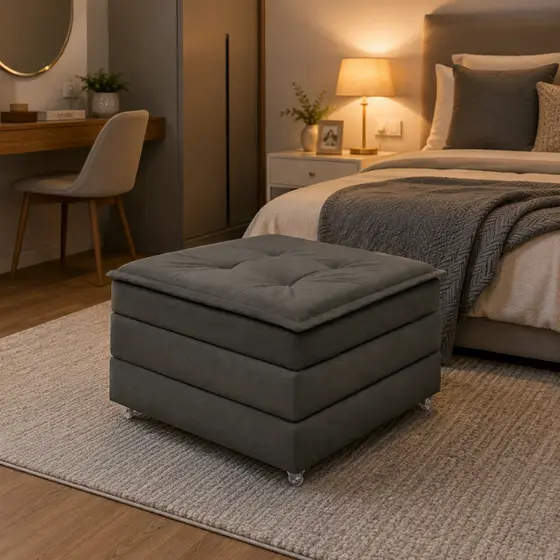Puff Baú Quadrado MDF Com Rodinhas Vira Cama Colchão Solteiro Confortável e Moderno