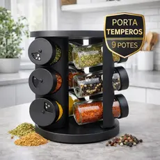 Porta Condimentos Giratório Premium Com 9 Potes De Vidro Preto Organizador Moderno Para Temperos, Cozinha Elegante
