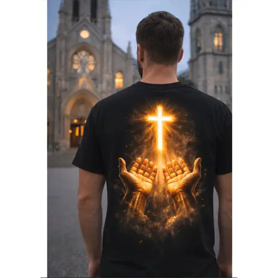 Camiseta T-Shirt Gospel Unisex Estampada Premium Fé Cristã Cruz Iluminada Streetwear Jesus Moda