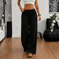 Calça Pantalona Cintura Baixa Feminina Wide Leg Casual Frio Inverno Canelado Sem Bolso