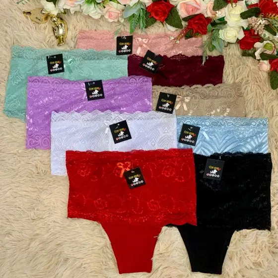 Kit 10 Calcinhas Femininas Algodão Cós Alto com Renda