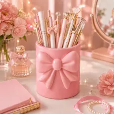 Organizador Pincel Maquiagem Rosa com Laço Organizador de Cosméticos e Acessórios para Penteadeira Feminina
