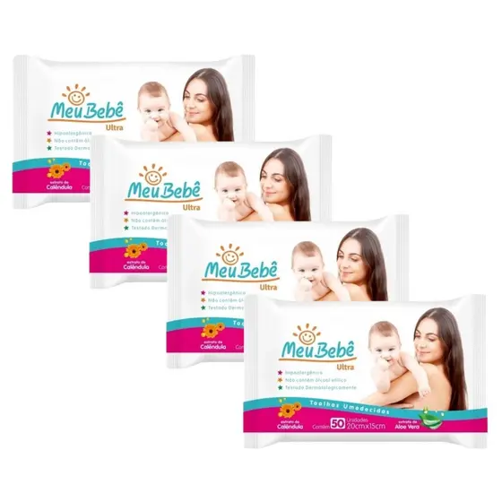 Kit Lenço/Toalha umedecida Meu Bebê Ultra c/ 200 unid. - 4 pacotes c/ 50 unid.