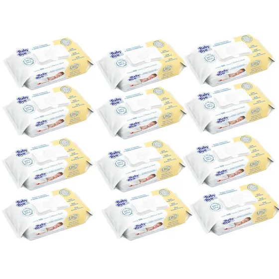Kit Lenço/Toalha umedecida Baby Byn Recém Nascido (sem álcool) com 1200 un. - 12 pacotes com 100 un.