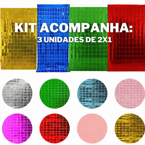 Kit 3 Cortina Metalizada Quadrada 2x1m Festa Brilhante Fundo Painel Dourada Prata Rosa Azul Decoração Aniversário