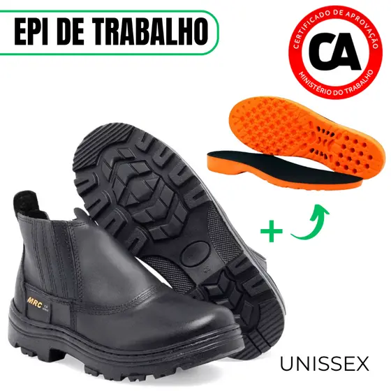 Bota Botina De Segurança Unissex Com CA + Palmilha Ortopédica De Gel Confortável De Couro Legítimo