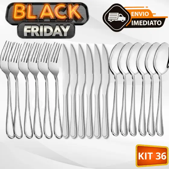 Jogo de Talheres 36 peças Aço Inox 12 Facas 12 Garfos e 12 Colheres de Mesa Casa Para Cozinha