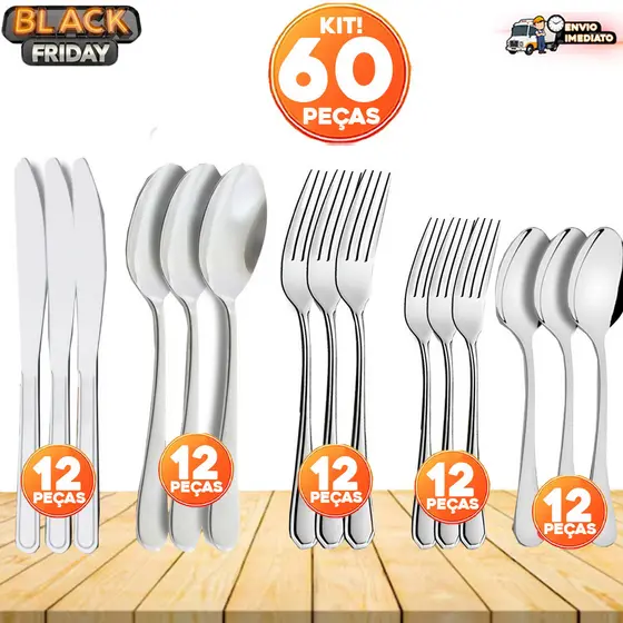 Kit 60 Talheres em Inox Premium: 12 Garfos, 12 Facas, 12 Colheres, 12 Colheres de Sobremesa, 12 Garfos de Sobremesa