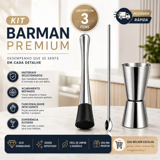 Kit Dosador Duplo Socador e Colher Bailarina Para Bebidas Drink Caipirinha