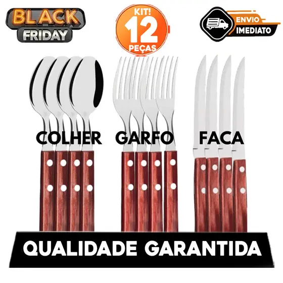 Jogo de Talheres com 12 Peças de Inox com Cabo de Madeira Excelente Qualidade para uso Residencial Restaurante Hotel Bar