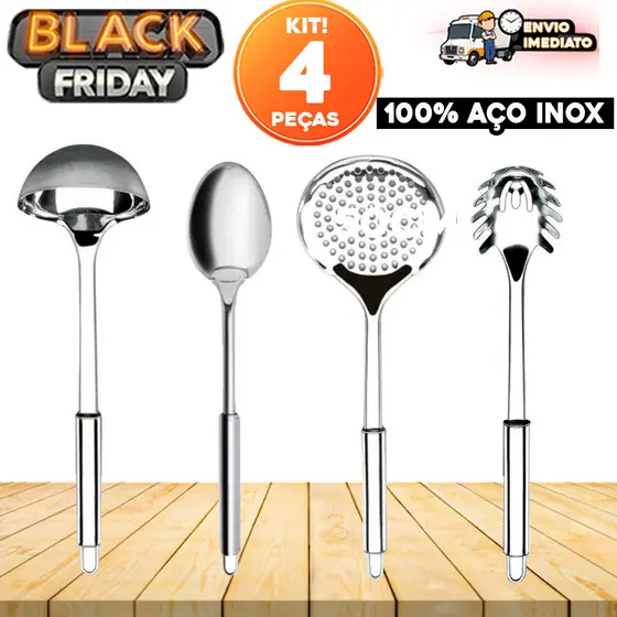 Kit 4 Utensílios de Cozinha: Escumadeira, Pegador de Massas, Concha de Feijão e Colher - Alta Qualidade