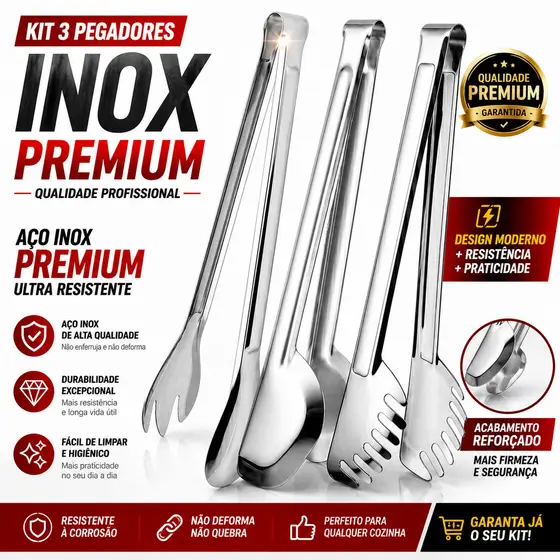 Kit Pegador Cabo Longo Pegadores Universal Massa E Salada 29cm Aço Inox Para Cozinha Restaurante