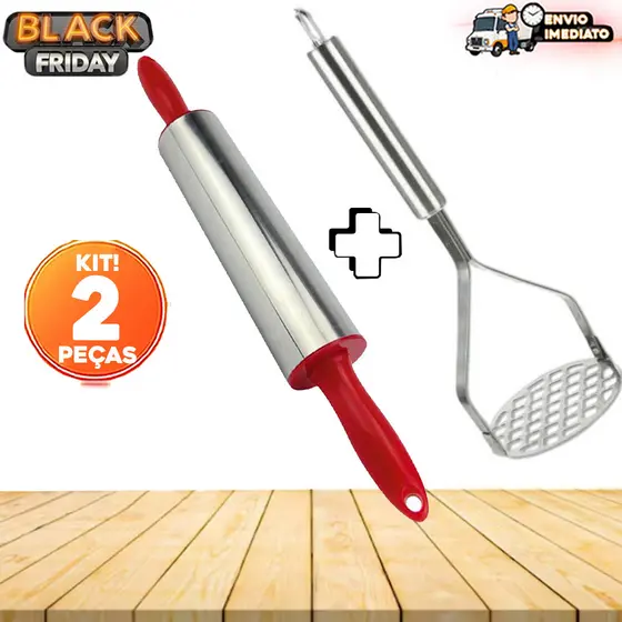 Kit 2 Peças Amassador de Batata Inox + Rolo para Abrir Massa Cozinha Completa e Prática!
