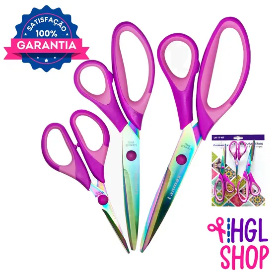 KIT 3 Tesouras Lanmax Titanium Profissional - Não Perde Corte!
