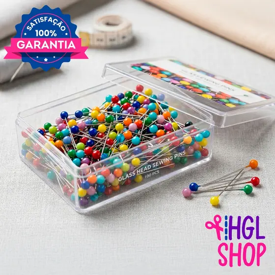 Kit Estojo de 100 Alfinetes Cabeça de Vidro Coloridos para Costura Artesanato
