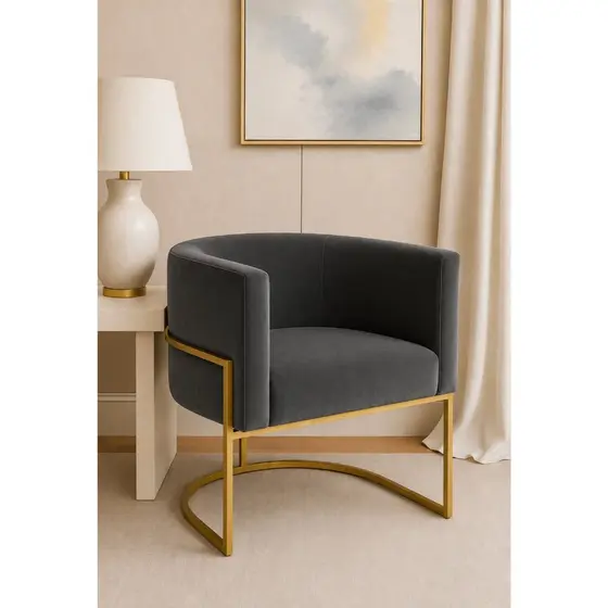 Poltrona Luna Luxo - Suede Cinza e Base Dourada. Sala, Salão, Escritorio e Sala de Jantar
