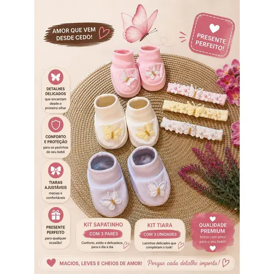 KIT 3 SAPATINHO E 3 TIARA MATERNIDADE BEBE MENINA TEMA JARDIM