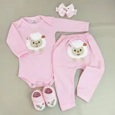 Conjunto Body Bebe Menina com Calca Tiara e Sapatinho do Tema Ovelhinha
