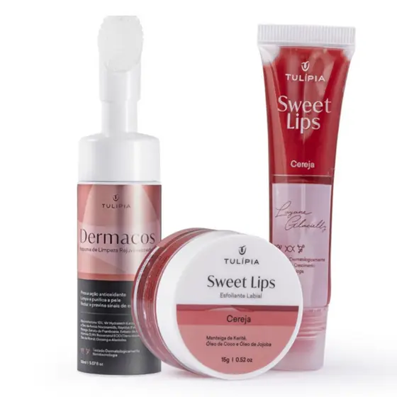 Kit Tulípia Sweet Lips Cereja Gloss Esfoliante Labial e Dermacos Mousse Facial