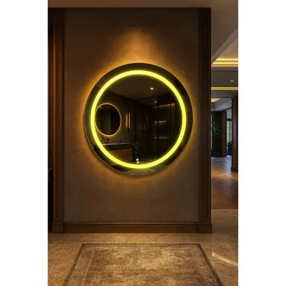 Espelho Redondo 50cm x 50cm Led Jateado Grande Decorativo Bivolt Moderno Quarto Banheiro Hall Led Quente Frio Neutro
