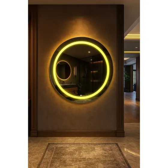 Espelho Redondo 70cm x 70cm Led Jateado Grande Decorativo Bivolt Moderno Sala Quarto Banheiro Hall Hotel 3 TONS DE LED