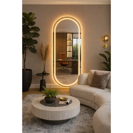 Espelho Oval EL07 Corpo Inteiro 150cm x 60cm Polido LED Jateado Luz Branca e Luz Amarela Sala Quarto Banheiro