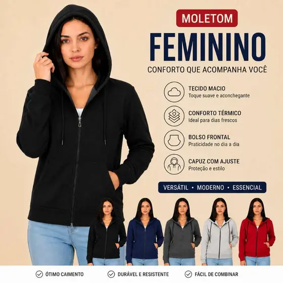 Casaco Moletom Feminino com Zíper e Capuz Plus Size | Liso, Confortável e Casual