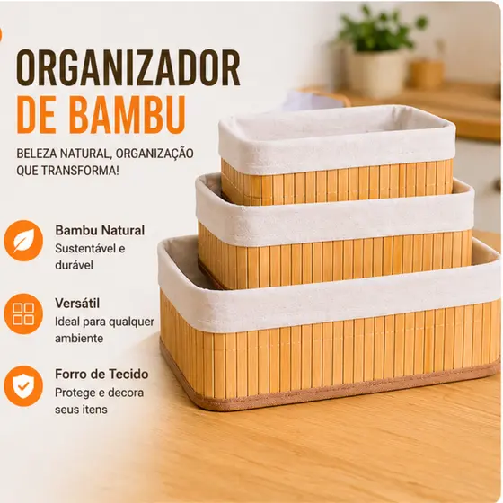 Cesto Organizador Bambu Quadrado Redondo Multiuso Banheiro Closet Cozinha