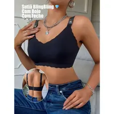 Top Sutiã Sem Costura Canelado com Alças de Brilhantes Fecho na Costa e Borda Ondulada – Conforto e Estilo