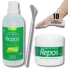 Repos Amaciante de Cutículas e Calosidades 150ml + Cr Removedor 120gr + Bisturi + 10 Botas Descart