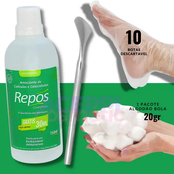 Amaciante de Cutículas Repos + Espátula 222 + 10 Botinhas Descartáveis + Algodão Bola Branco 20gr