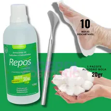 Amaciante de Cutículas Repos + Espátula 222 + 10 Botinhas Descartáveis + Algodão Bola Branco 20gr