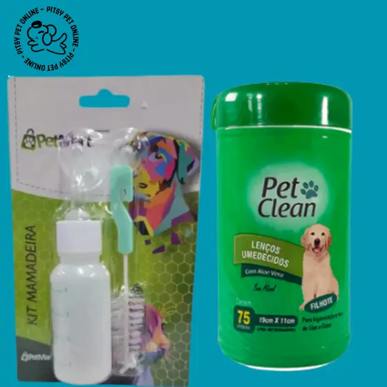 Kit mamadeira para cães e gatos + lenço umedecido para filhotes Pet Clean