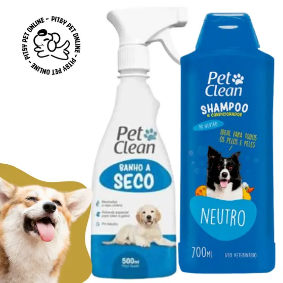 Kit Shampoo para Cachorro e Gato - Shampoo Neutro 700ml + Banho a Seco Pet Clean