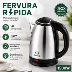Chaleira Elétrica Inox 1.8L 1500W Fervura Rápida Desligamento Automático