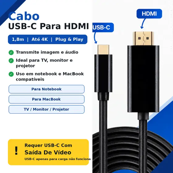 Cabo USB-C HDMI 1,8m Para TV Monitor Projetor MacBook 4K