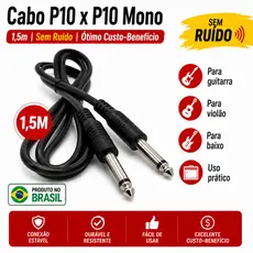 Cabo P10 x P10 Mono 1,5m Para Guitarra Violão Baixo Amplificador