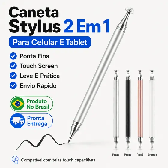 Caneta Stylus Touch 2 Em 1 Ponta Fina Para Celular Tablet iPad iPhone